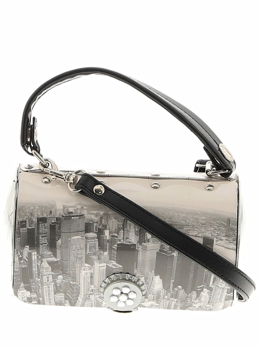 Black & Silver Mini Top-Handle Bag with New York Cityscape Print NYC